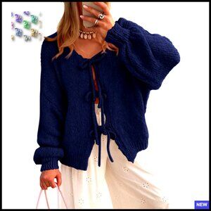 Chunky Knit Cardigan Tie Front Bow Puff Sleeve Oversized Chic Fall Sweater